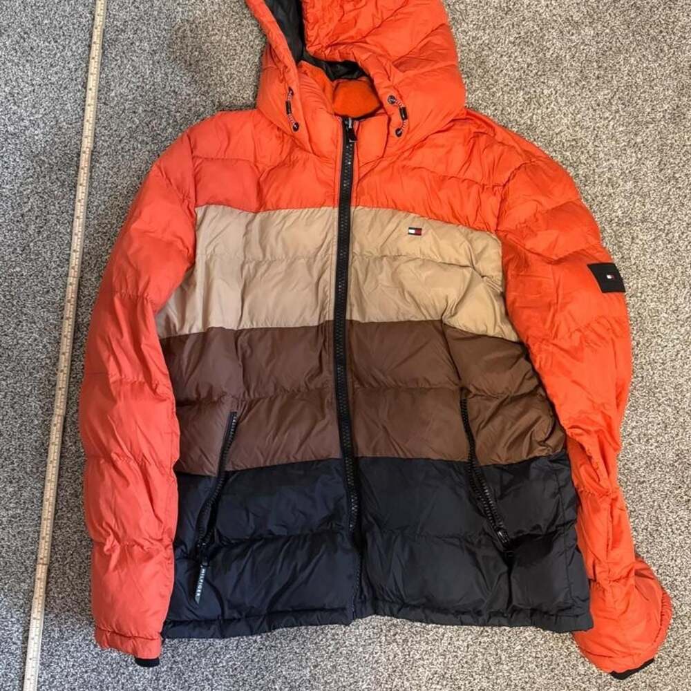 Tommy Hilfiger Colorblock Puffer Jacket XL Orange Brown Winter